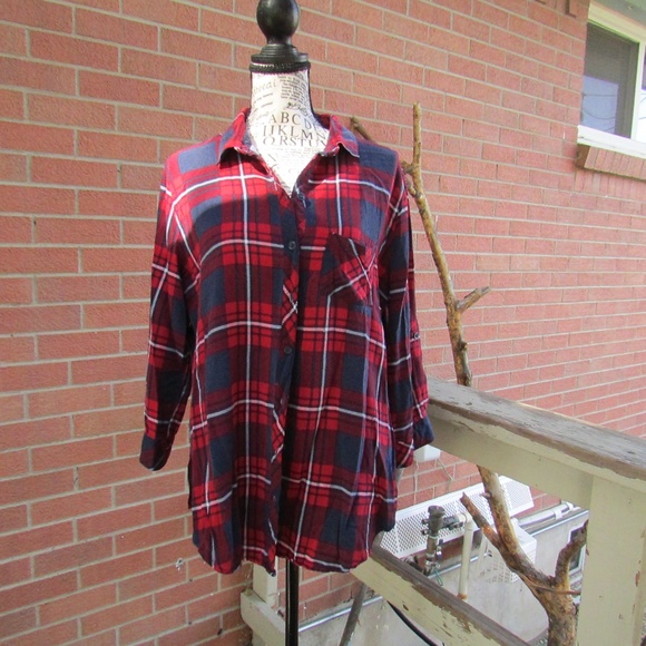 Polly & Esther Red and Blue Plaid Button Down Shirt - Picture 1 of 5